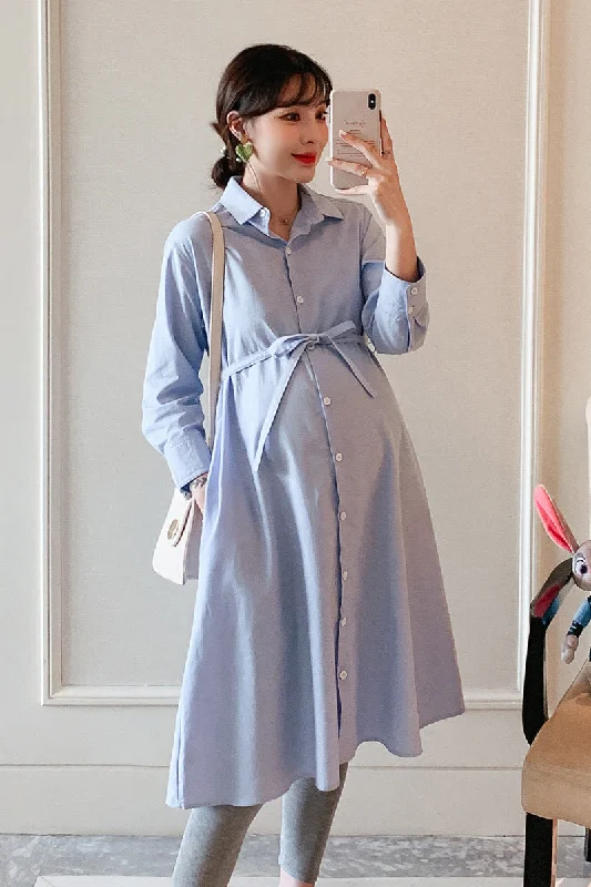 NiDELL Maternity Dress New . Spring and Autumn Mid-Length Shirt Dress Long Sleeve Business Wear Shirt Dress