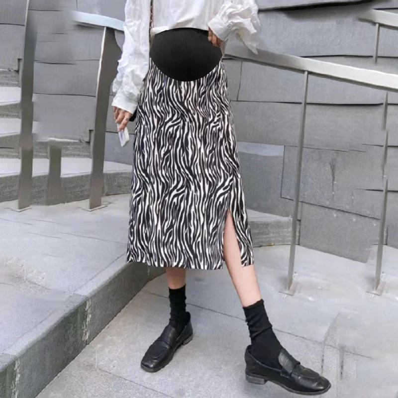 NiDELL Maternity Dress . Spring and Autumn Fashion Casual Zebra Skirt Mid-Length Split Skirt Belly Support Dress