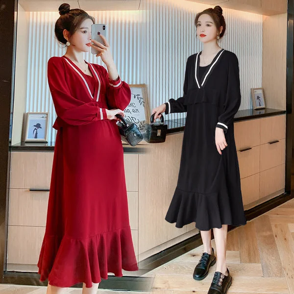 NiDELL Maternity Dress . Spring and Autumn New Maternity Dress Korean Fashion Maternity Dress Mid-Length Dress Autumn