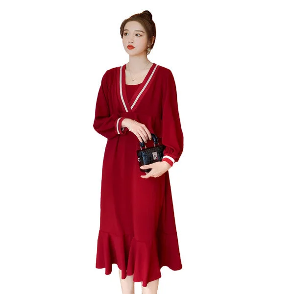 NiDELL Maternity Dress . Spring and Autumn New Maternity Dress Korean Fashion Maternity Dress Mid-Length Dress Autumn