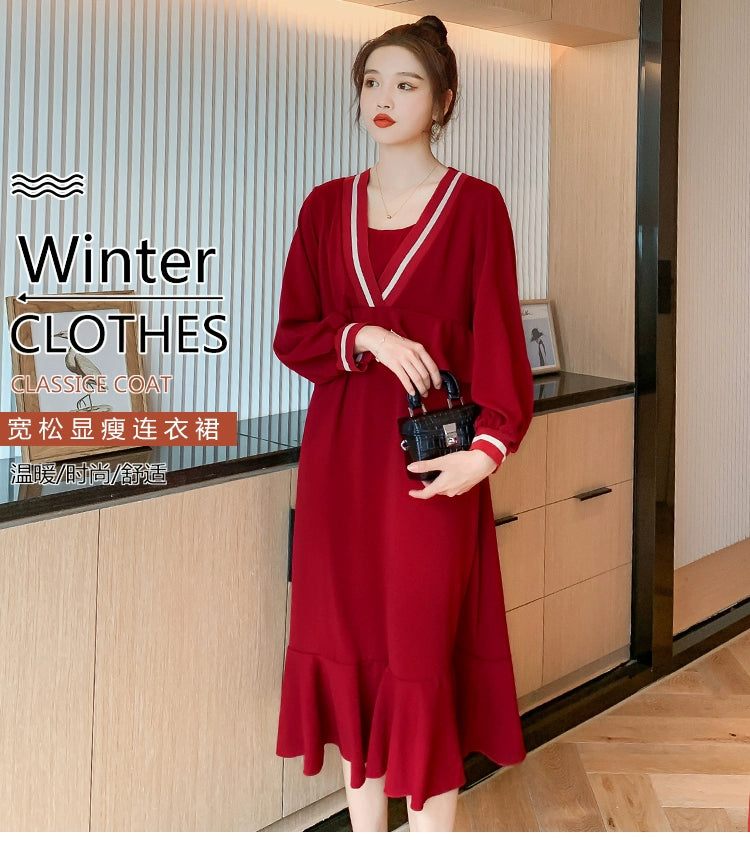 NiDELL Maternity Dress . Spring and Autumn New Maternity Dress Korean Fashion Maternity Dress Mid-Length Dress Autumn