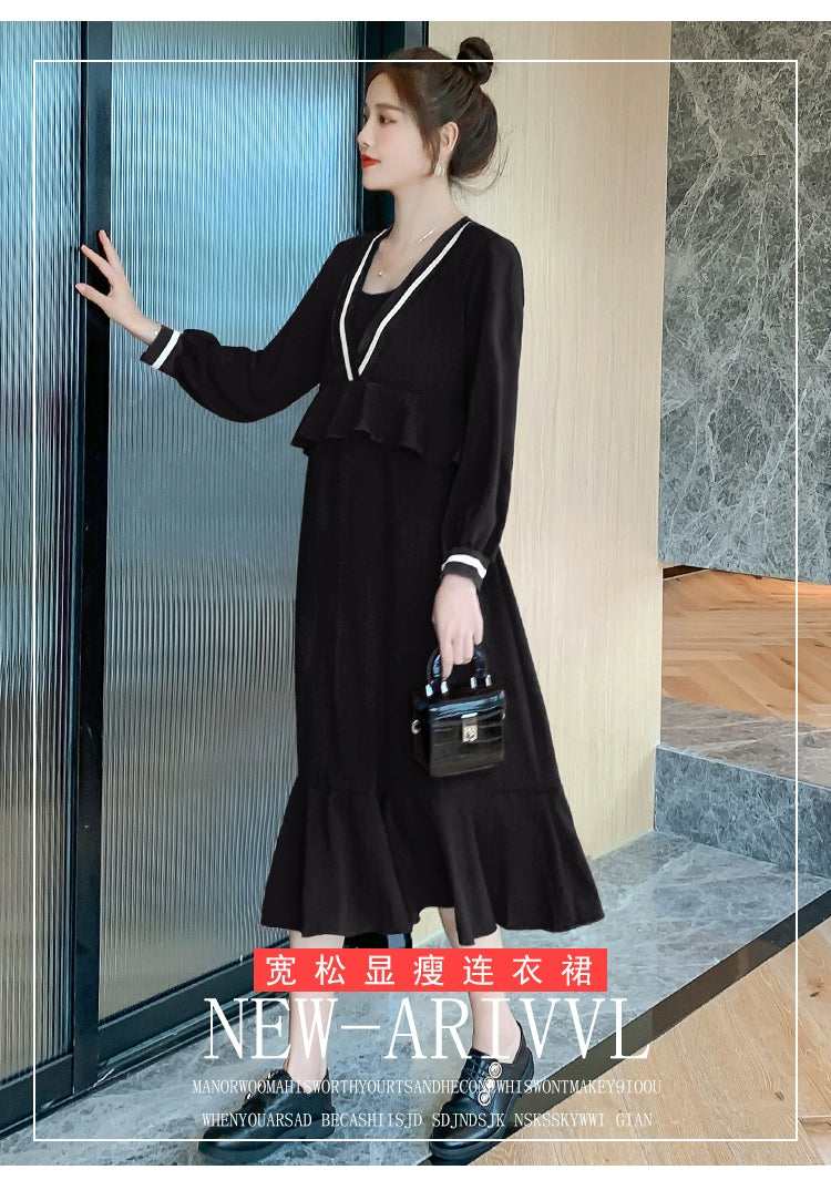 NiDELL Maternity Dress . Spring and Autumn New Maternity Dress Korean Fashion Maternity Dress Mid-Length Dress Autumn