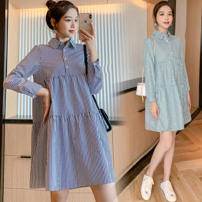 NiDELL Maternity Dress . Spring and Autumn New Striped Loose Shirt Long Sleeve Maternity Dress