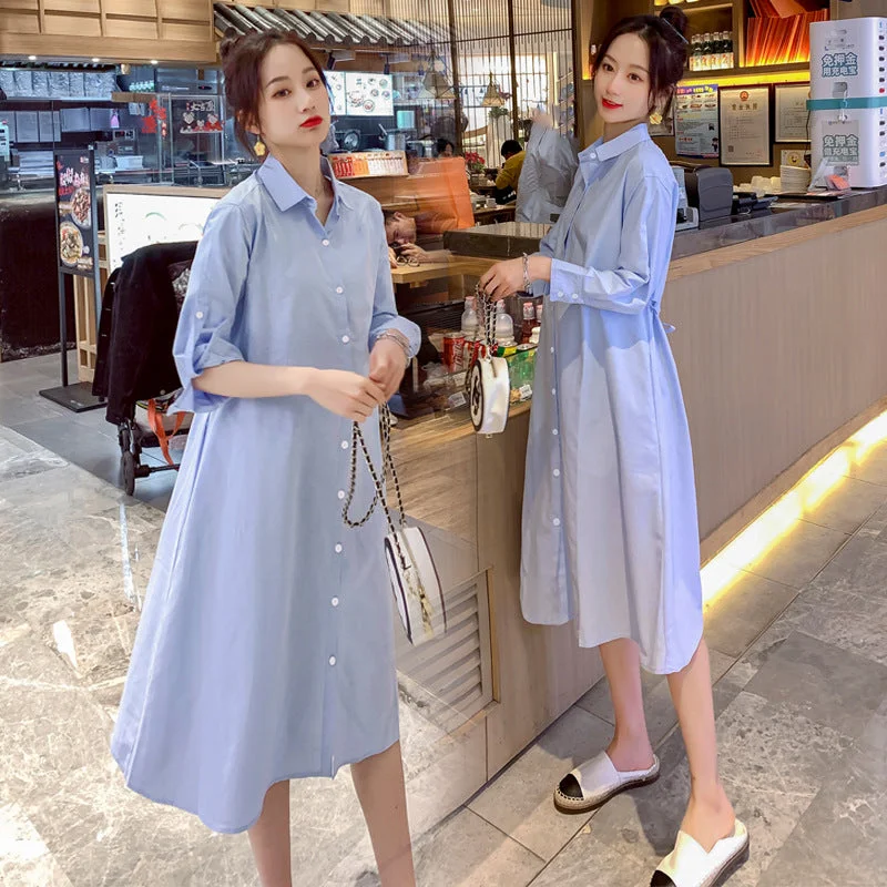 NiDELL Maternity Dress . Spring Autumn Blouse Long Open Button Nursing Maternity Dress