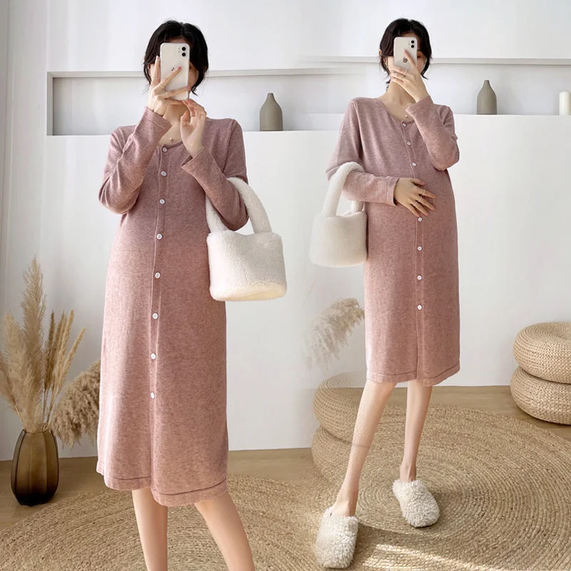 NiDELL Maternity Dress . Spring Knitted Mid-Length Maternity Skirt Fashion Cardigan Breastfeeding Dress