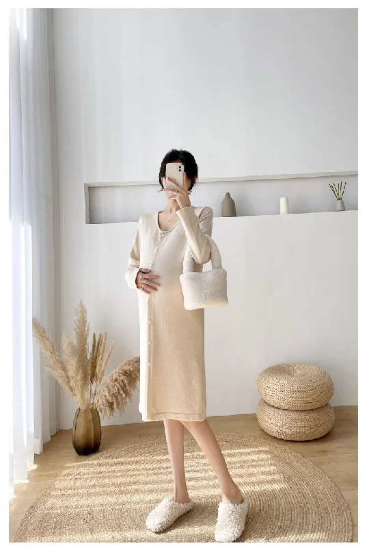 NiDELL Maternity Dress . Spring Knitted Mid-Length Maternity Skirt Fashion Cardigan Breastfeeding Dress