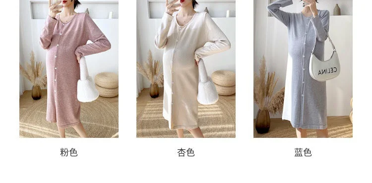 NiDELL Maternity Dress . Spring Knitted Mid-Length Maternity Skirt Fashion Cardigan Breastfeeding Dress