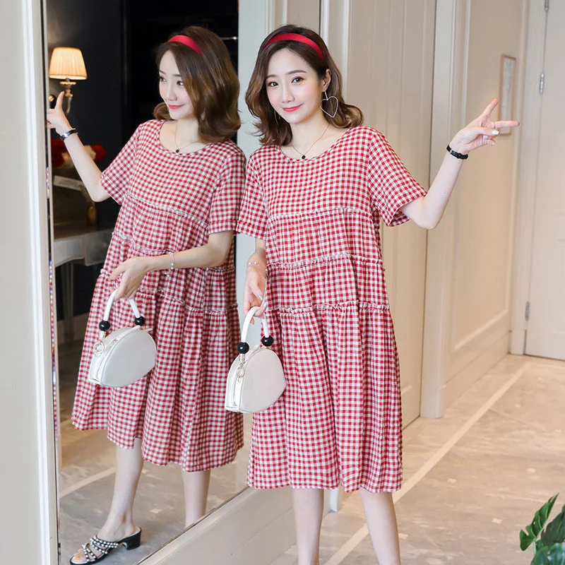 NiDELL . Maternity Stitching Short Sleeve Dress Plaid Loose round Neck Korean Style Maternity Dress