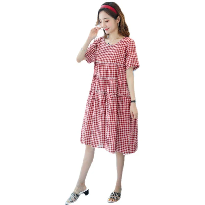 NiDELL . Maternity Stitching Short Sleeve Dress Plaid Loose round Neck Korean Style Maternity Dress