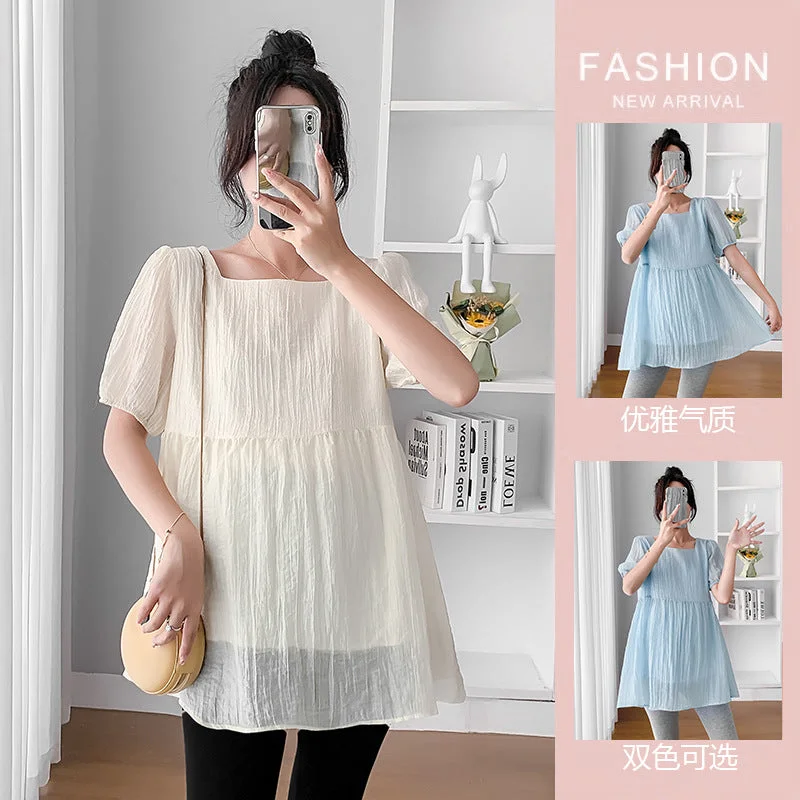 NiDELL Maternity Top . Summer Korean Style Thin Short Sleeve Summer Doll Shirt Loose Dress Maternity Dress Summer Clothes