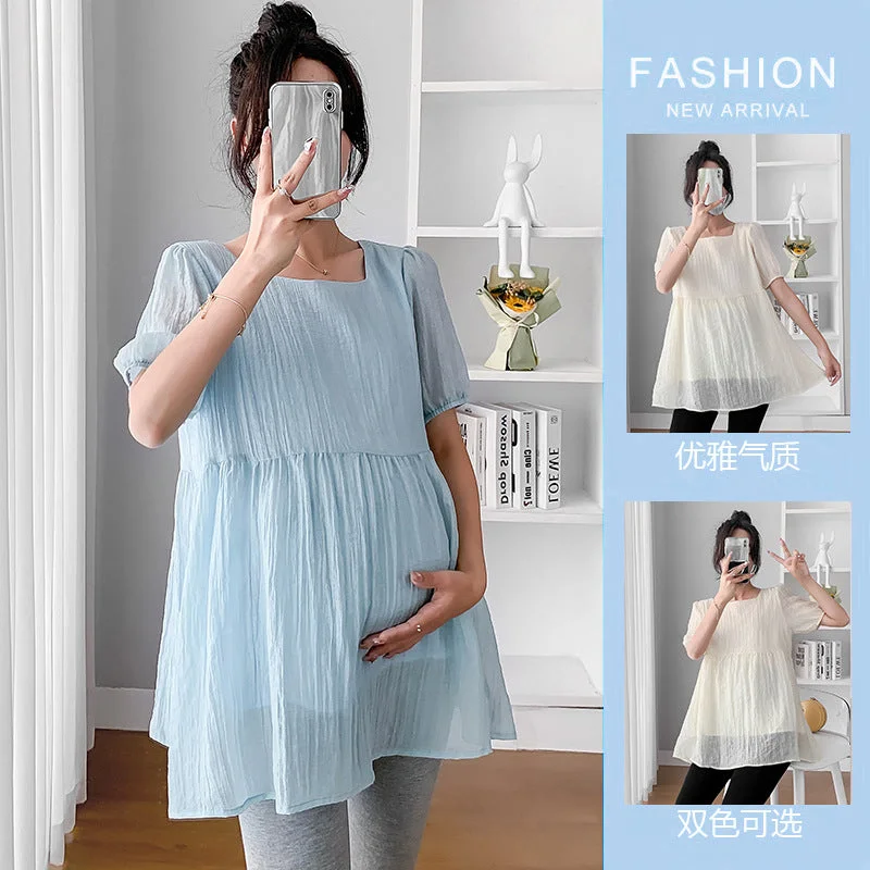 NiDELL Maternity Top . Summer Korean Style Thin Short Sleeve Summer Doll Shirt Loose Dress Maternity Dress Summer Clothes