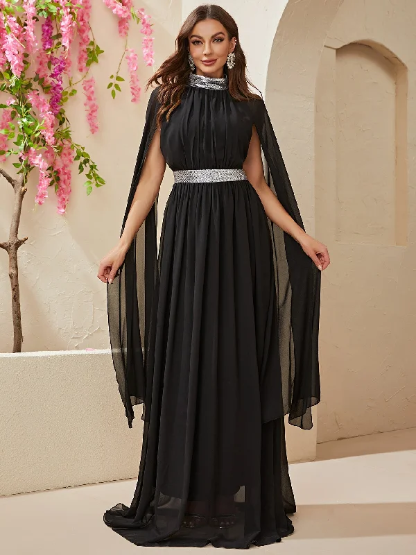 NiDELL New Cross-Border Evening Gown Shawl High Collar Long Dress Dress Black High-Class Maxi Dress-Ssw4010