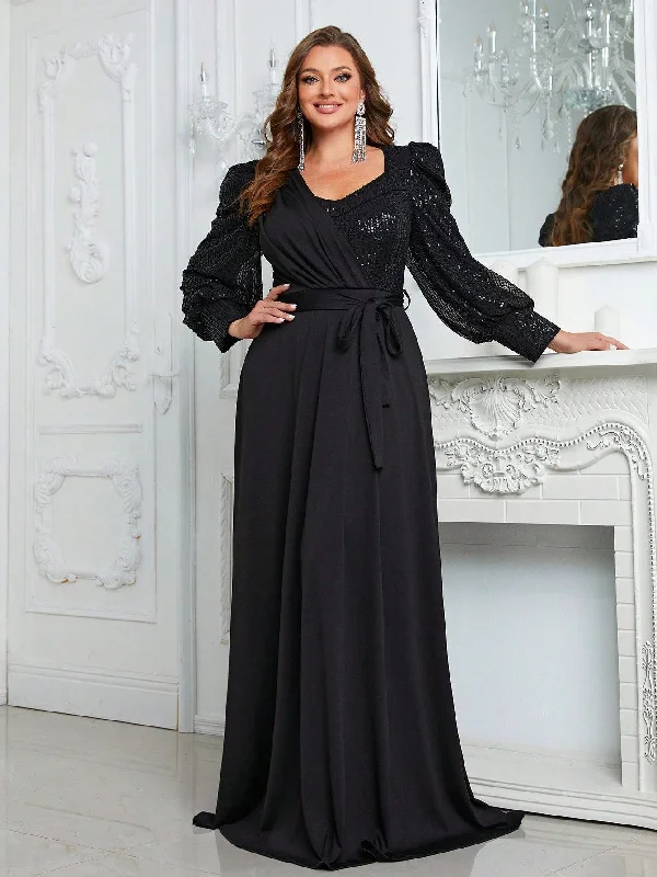 NiDELL New European and American Dinner Formal Dress plus Size Knickerbockers Long Sleeve Party Dress Elegant Sequined Maxi Dress-Fmgw812