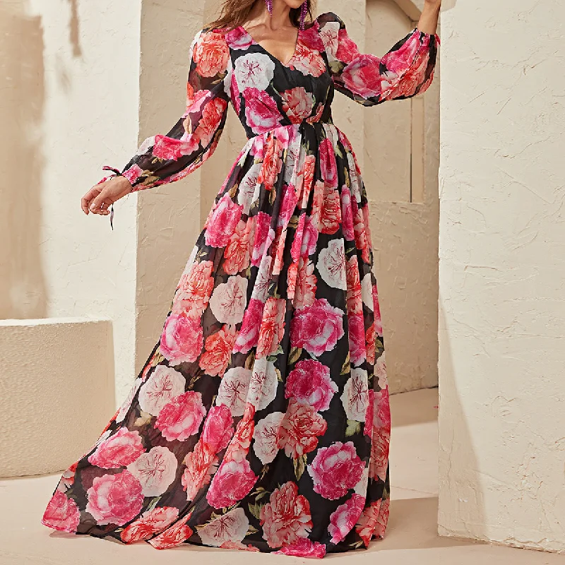 NiDELL New Printed Dress Cross-Border Women's Chiffon V-neck Long-Sleeve Dress Printed Maxi Dress-MGN152-2