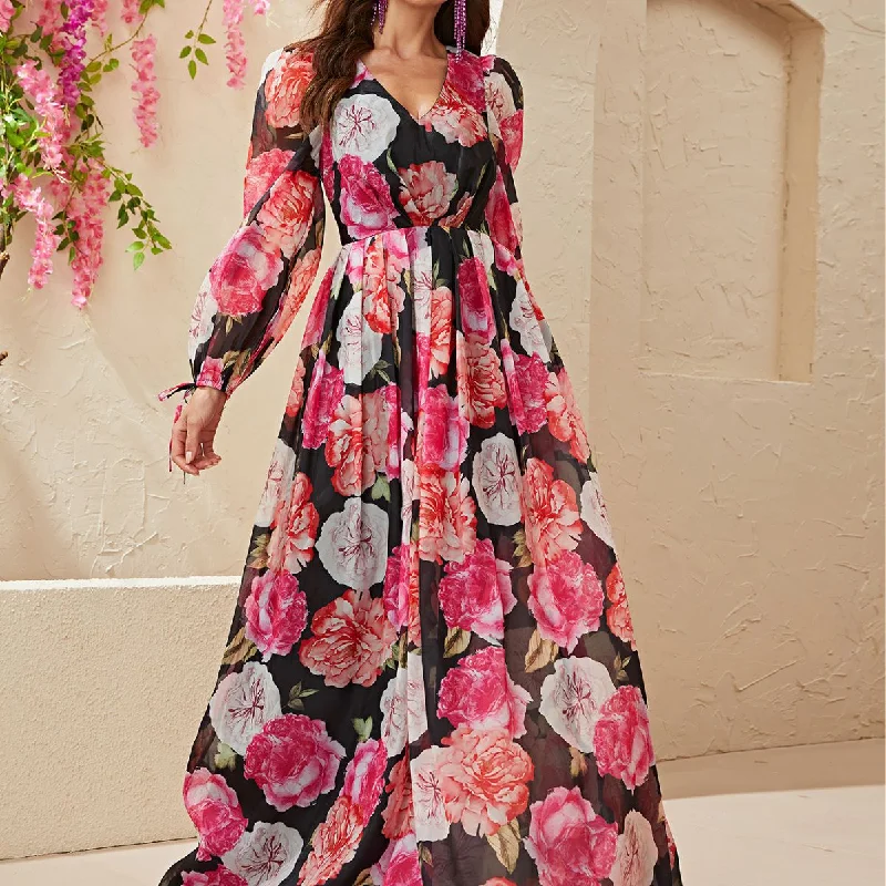 NiDELL New Printed Dress Cross-Border Women's Chiffon V-neck Long-Sleeve Dress Printed Maxi Dress-MGN152-2