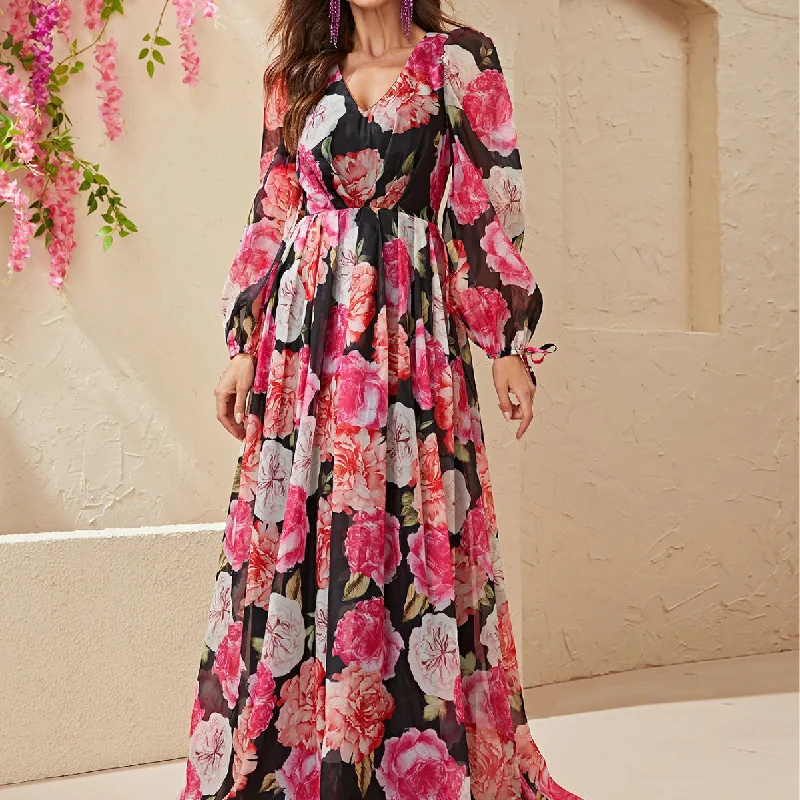 NiDELL New Printed Dress Cross-Border Women's Chiffon V-neck Long-Sleeve Dress Printed Maxi Dress-MGN152-2