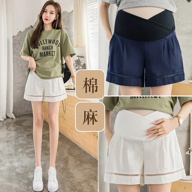 NiDELL . Pregnant Women Cotton Linen Shorts Summer New Casual Hollow Cross Belly Support Wide Leg Outer Wear Underwear Maternity Dress