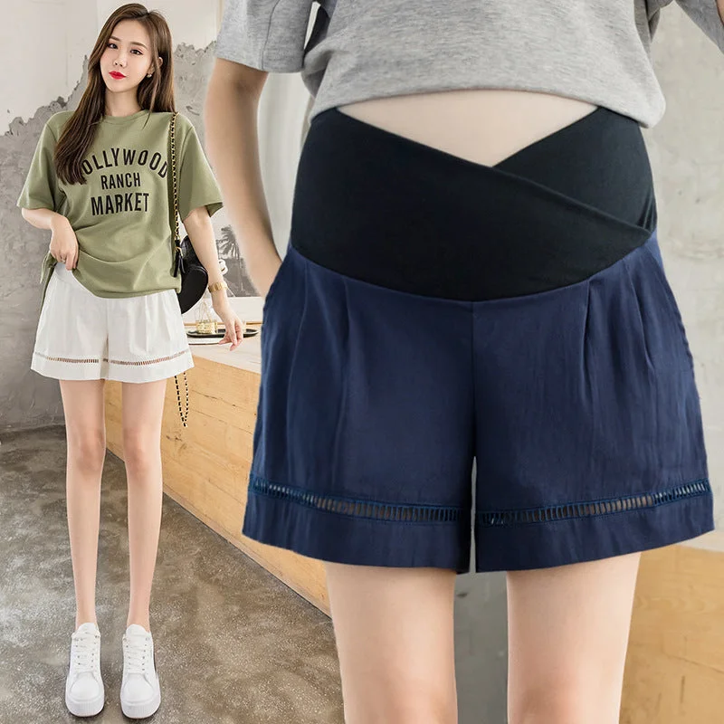 NiDELL . Pregnant Women Cotton Linen Shorts Summer New Casual Hollow Cross Belly Support Wide Leg Outer Wear Underwear Maternity Dress