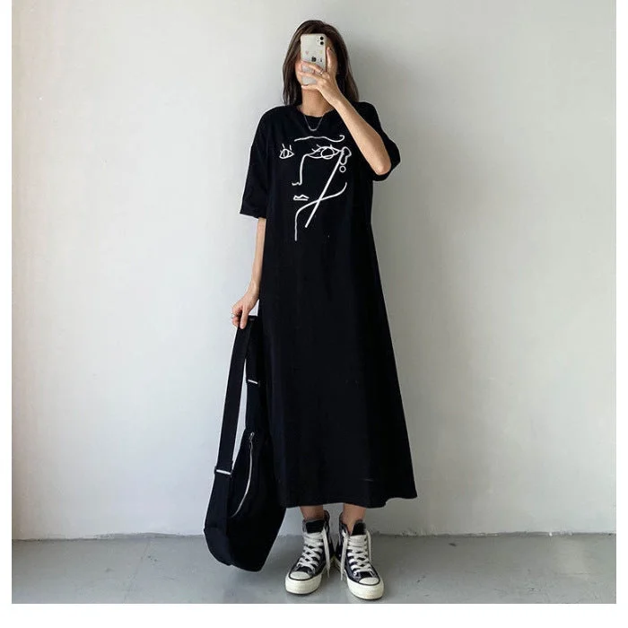 NiDELL Summer Korean Style Large Size Long Dress Plump Girls Loose T-shirt Long Dress over the Knee Pregnant Women Belly Covering Nightdress Fashion