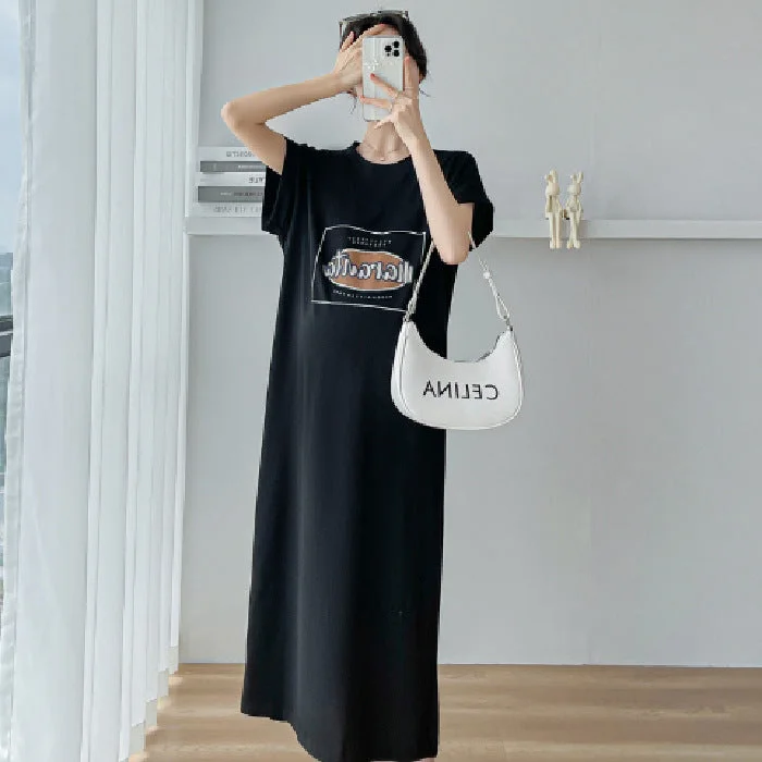 NiDELL Summer Korean Style Large Size Long T-shirt Long Dress Maternity Dress Plump Girls Loose Dress over the Knee Nightdress Women's Fashion