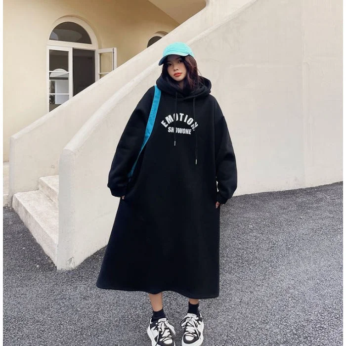 NiDELL Winter Warm Korean Style Loose Straight Long Dress Printed Letters Pregnant Women Velvet Padded Thickened Sweater Women over the Knee