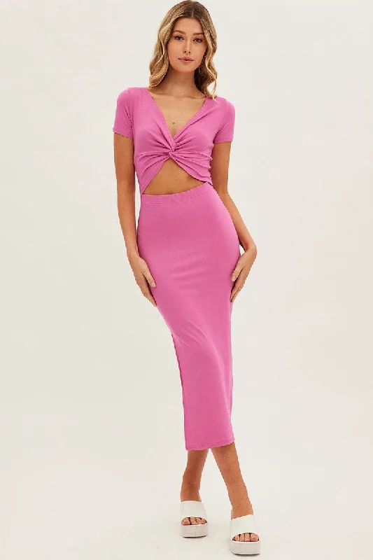 Pink Bodycon Dress Rib Twist Front Cut Out Short Sleeve