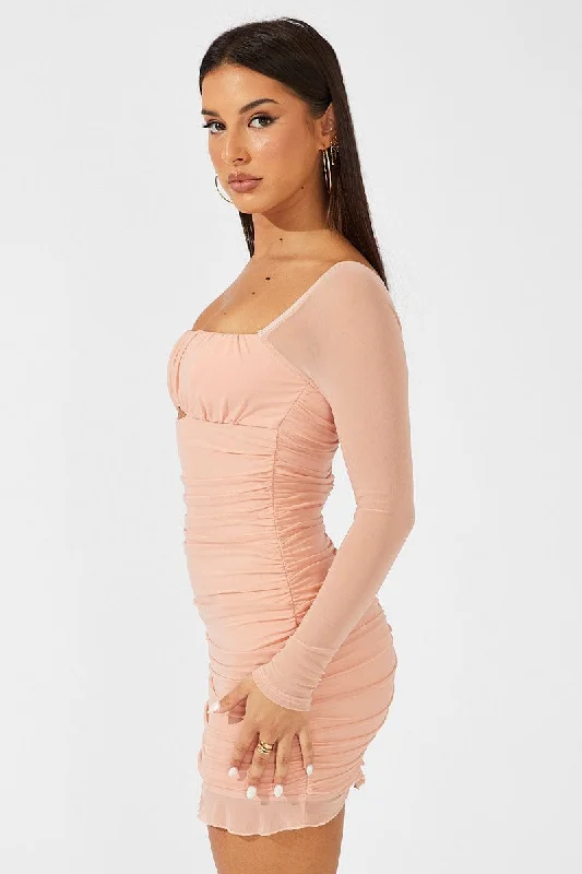 Pink Bodycon Dress Ruched Mesh