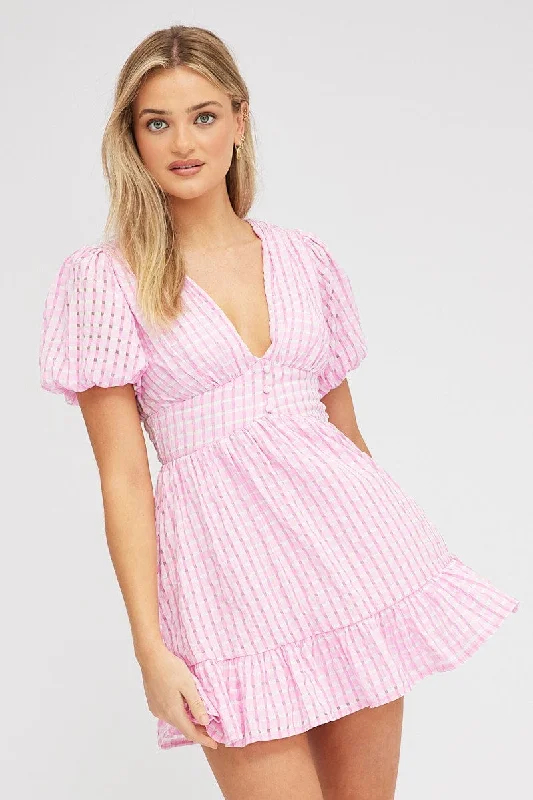 Pink Fit And Flare Dress Puff Sleeve Mini