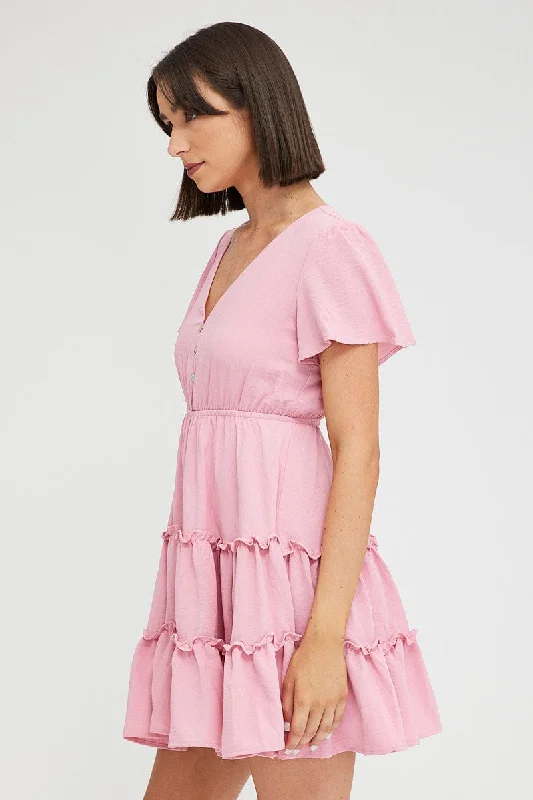 Pink Fit And Flare Dress Short Sleeve Mini