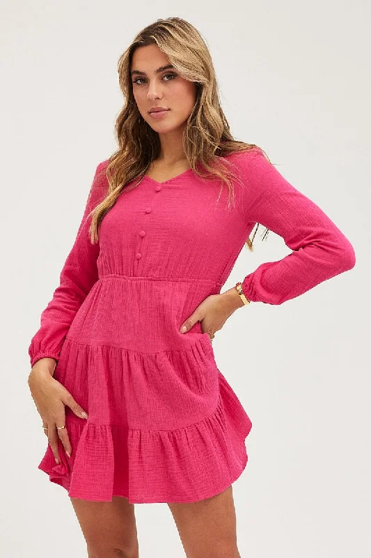 Pink Skater Dress Long Sleeve Mini