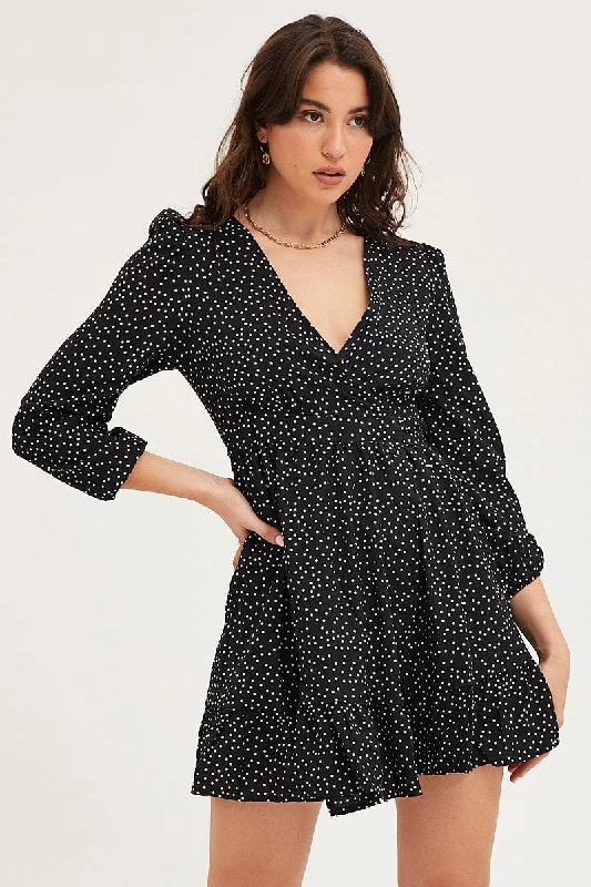 Polka Dot Wrap Dress Long Sleeve Mini