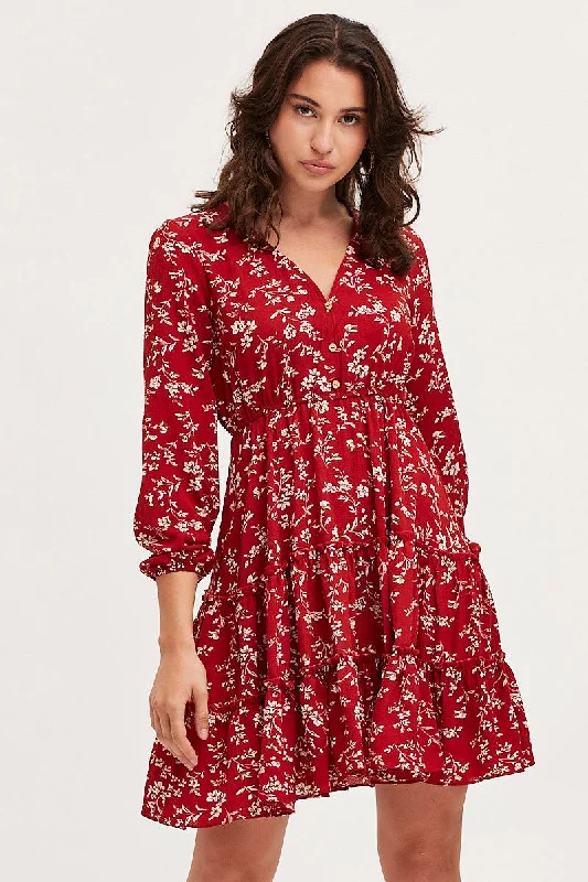 Print Skater Dress Long Sleeve Mini