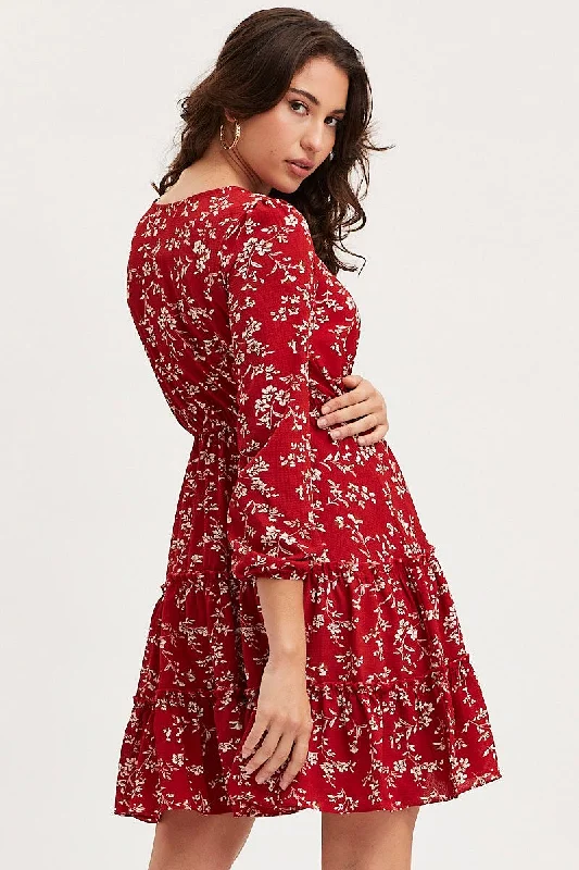 Print Skater Dress Long Sleeve Mini