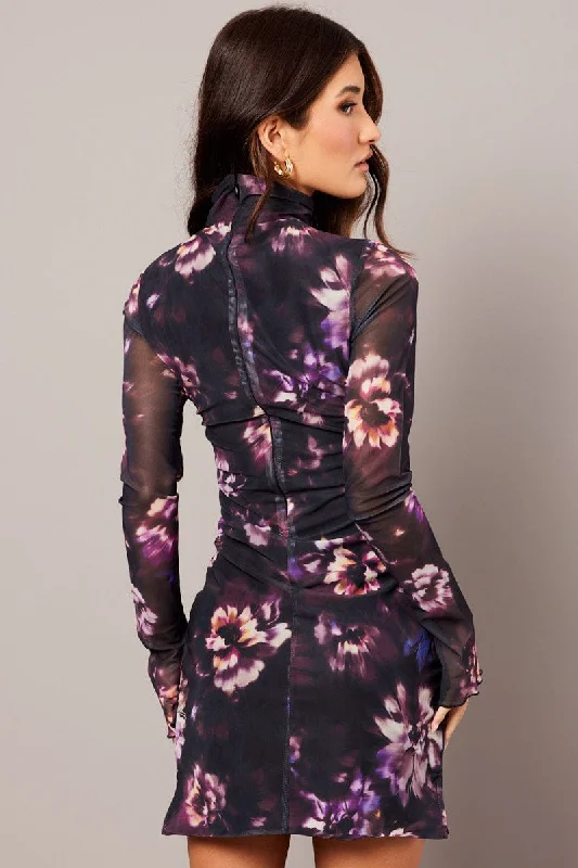 Purple Abstract Bodycon Dress High Neck Mini Long Sleeve