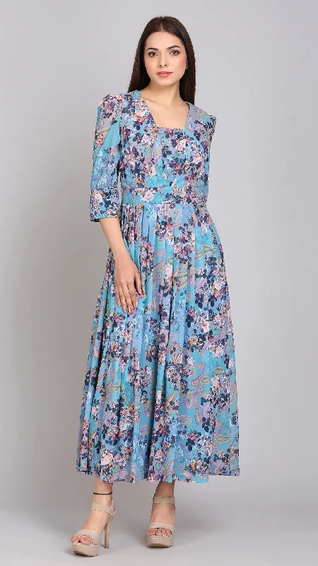 Turquoise Multi Printed Empire Maxi Dress