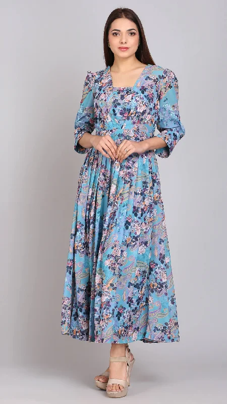 Turquoise Multi Printed Empire Maxi Dress