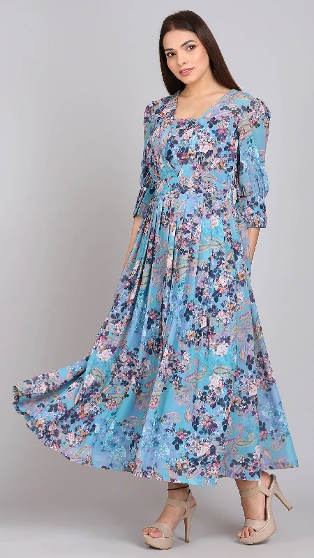 Turquoise Multi Printed Empire Maxi Dress