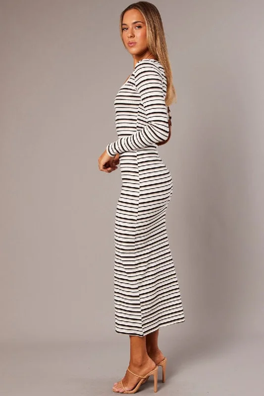 White Stripe Bodycon Dress Long Sleeve