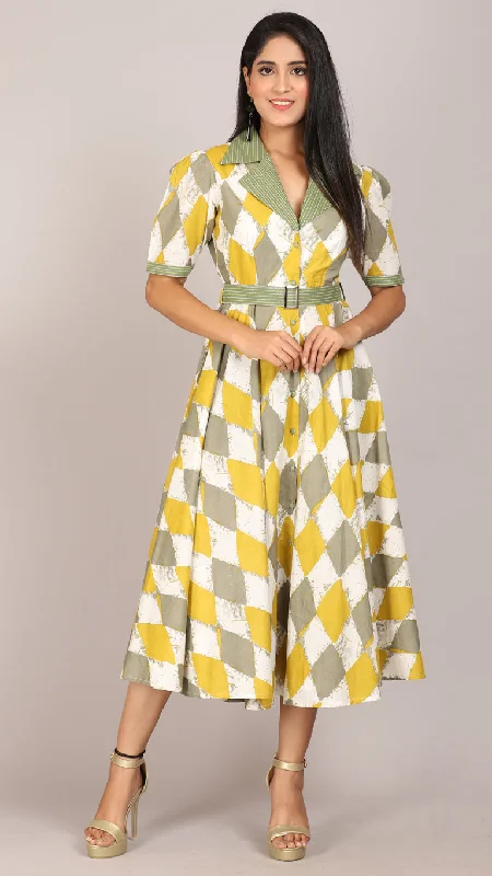 Yellow printed embroidered collared maxi dress