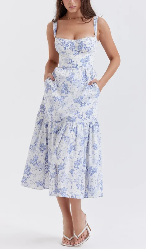 BLUE PRINT MIDI SUNDRESS