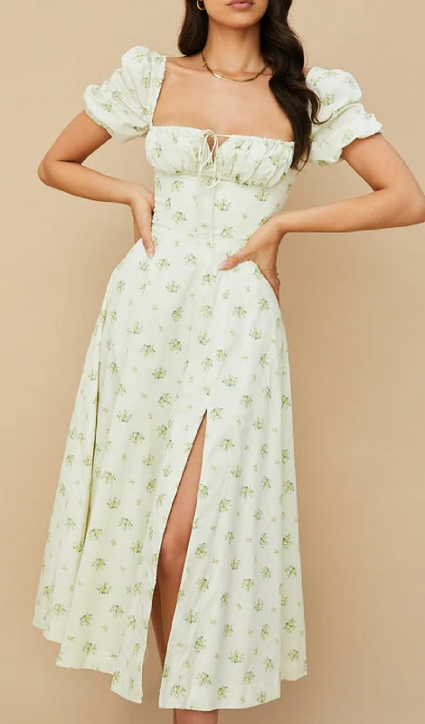 VINTAGE FLORAL PUFF SLEEVE MIDI DRESS