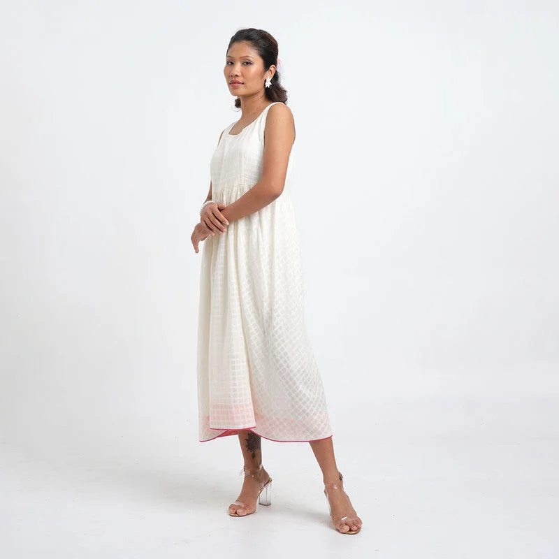 Cotton Dobby Midi Dress for Women | Checkered | White