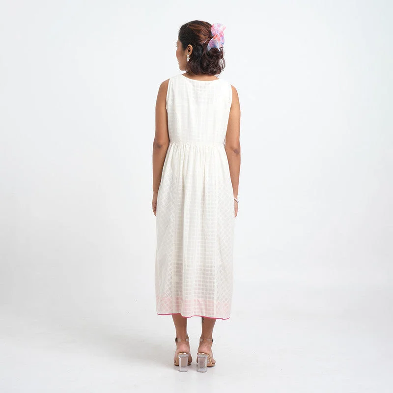 Cotton Dobby Midi Dress for Women | Checkered | White