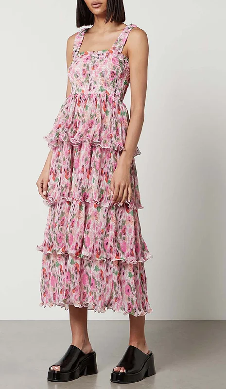 FLORAL-APPLIQUÉ TIERED MIDI DRESS IN PINK