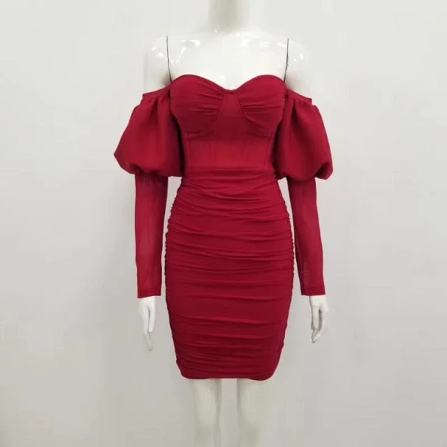 Amy Fashion - Long Sleeve Burgundy Mini Bandage Dress Elegant Evening Party Dress