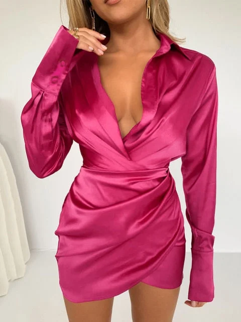 Amy Fashion - Long Sleeve V Neck Ruched Wrap Mini Dress