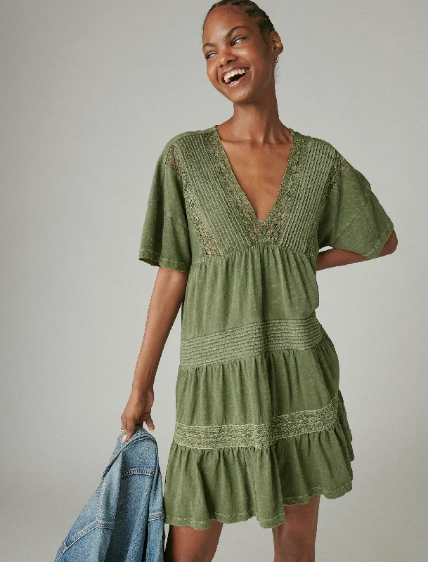 Lucky Brand Pintuck V Neck Mini Dress Dusty Olive