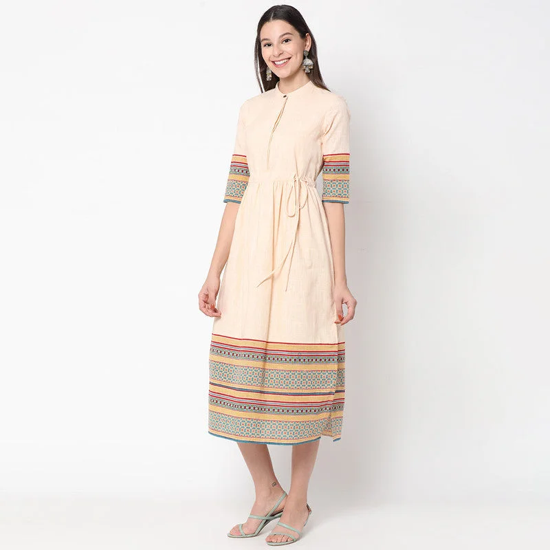 Cotton Midi Dress for Women | Printed Hemline | Off-White