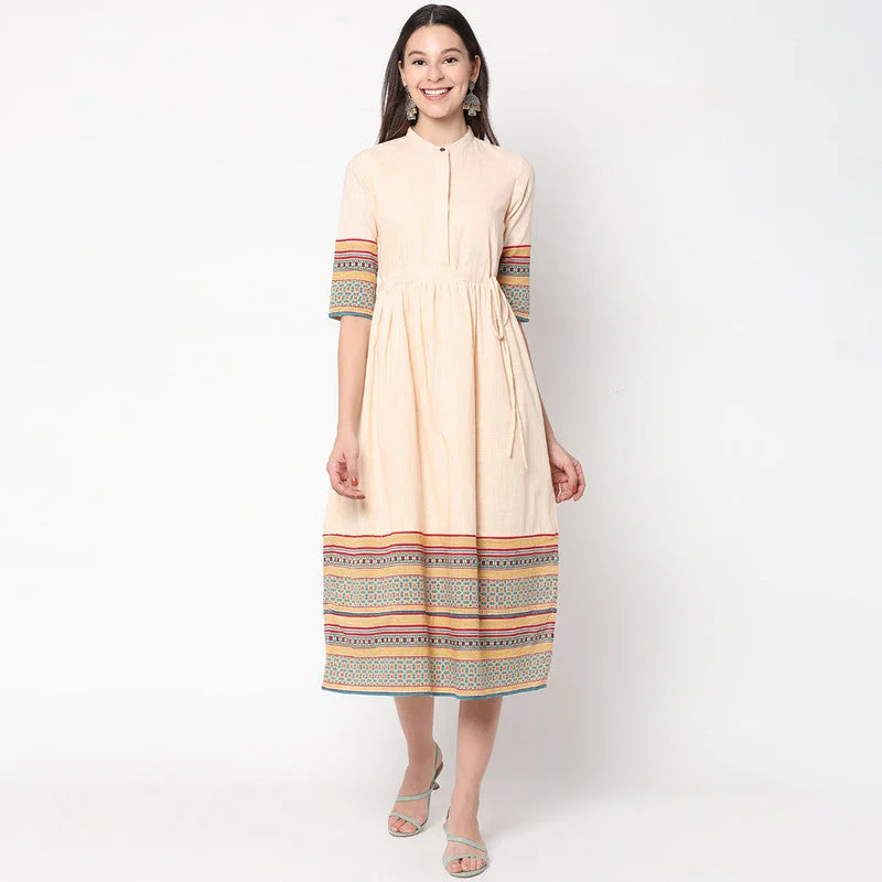 Cotton Midi Dress for Women | Printed Hemline | Off-White