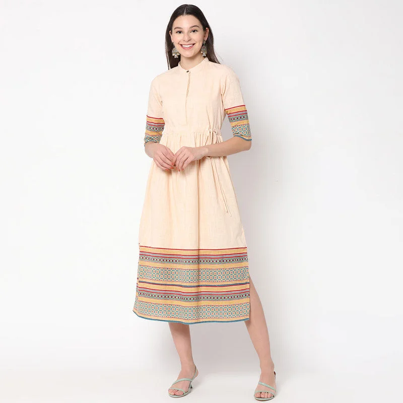 Cotton Midi Dress for Women | Printed Hemline | Off-White